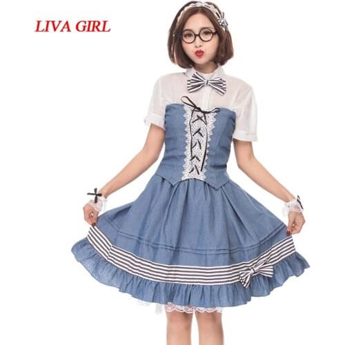Liva girl Sweet Lolita Sets For Women Girl Tops+Skirt Cosplay Sets Female Clothing Slim Fit Lolita Shirt And Skirt Maid Sets