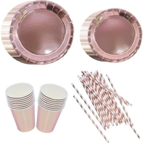 Rose Gold Disopable Tableware Set Paper Plates Cups Striped Straws Dot Napkins For Wedding Birthday Party Decoration Supplies