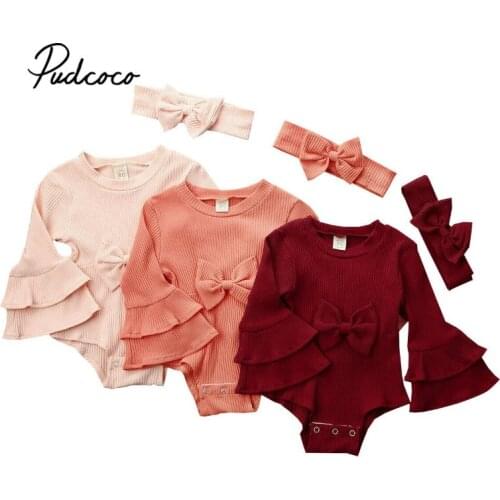 Pudcoco Newborn Baby Girls clothes solid Long Sleeve Ruffle O-Neck Bodysuit + Headband 2pcs cotton kids Outfits Autumn Clothing