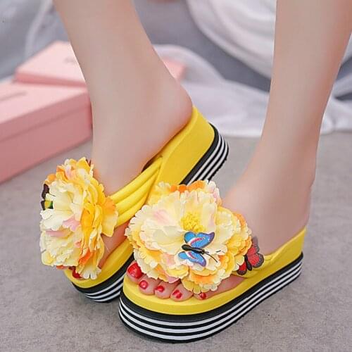 Dropshipping Summer New Flower Butterfly EVA Wedge Slippers Women Shoes Female Flip Flops Beach Ladies Flat Platform Striped