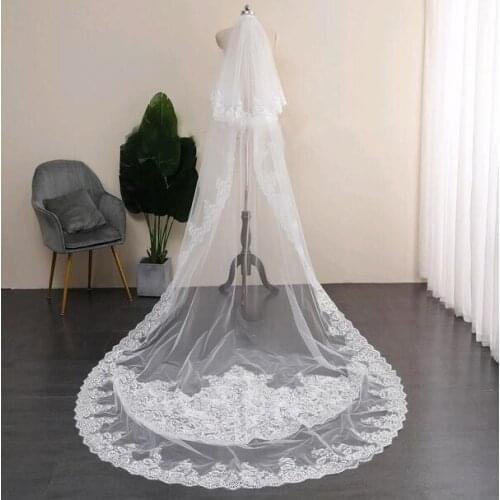 Luxury Wedding Veils Three Meters Long Lace Applique Two Layers Cathedral Length Bridal Veil