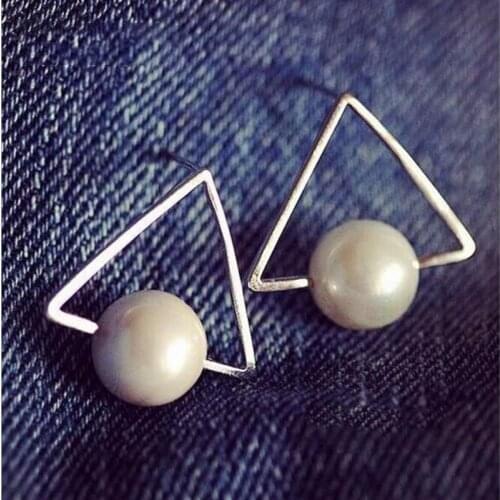 Korean Fashion Atmospheric Geometric Triangle Pearl 925 Sterling Silver Stud Earrings For Women Girls Accessories Gifts SE156