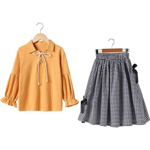 Cute Girls Cotton Sets Autumn Childrens Clothing Yellow Long-sleeve Turn-down Collar Shirt + Plaid Skirt 2 Pc Set Kids Clothes