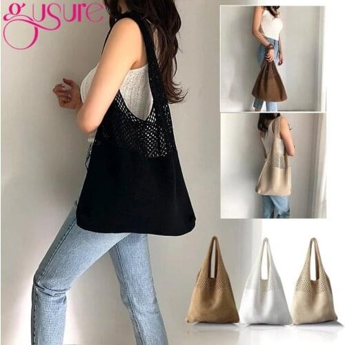 Gusure Handmade Knitted Lady Retro Hollow Handbag Fashion Cotton Fabric Woven Top-handle Tote Bag Women Casual Shoulder Bags