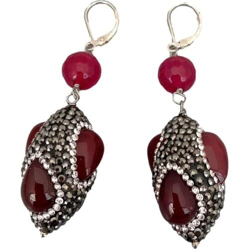 Y·YING Red Agates Black Rhinestone Pave Rice Dangle Lever Back Earrings