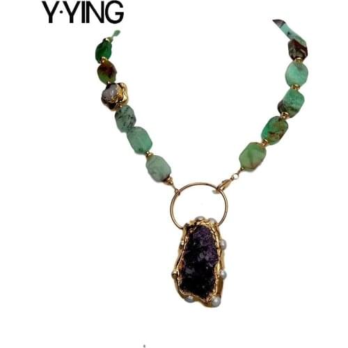 Y.YING Natural Green Chrysoprases choker Necklace Purple Amethysts Cluster Pendant 18.5"
