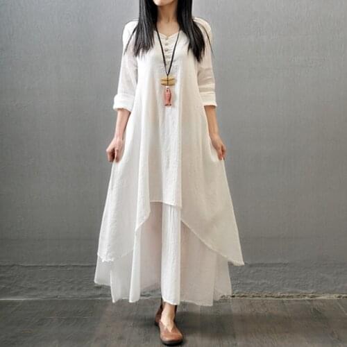 5XL 2021 Women Peasant Ethnic Boho Cotton Linen Long Sleeve Maxi Dress Gypsy Ethnic Blouse Shirt Summer Fake Two Pieces Dress