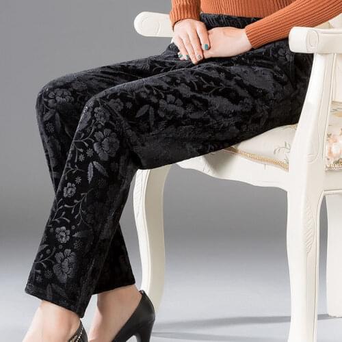 Women 2021 Autumn Winter New Middle-aged Printed Trousers Female Loose Warm Pants Ladies Elastic Waist Straight Trousers E452