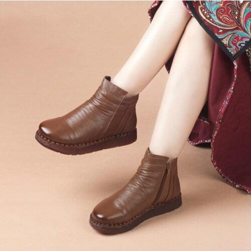 Womens Winter Snow Boots Genuine Leather Vintage Mother Boot Ankle Boots For Women Fur Casual Woman Shoes Non-slip Boot