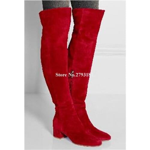 Women Winter Fashion Comfortable Round Toe Suede Leather Low Heel Over Knee Boots Red Grey Black Long Flat Boots