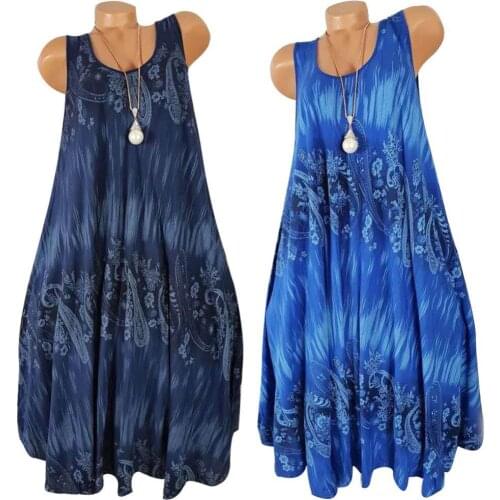 50% Hot Sales Plus Size Women Summer Flower Print Sleeveless Round Neck Loose Shift Dress