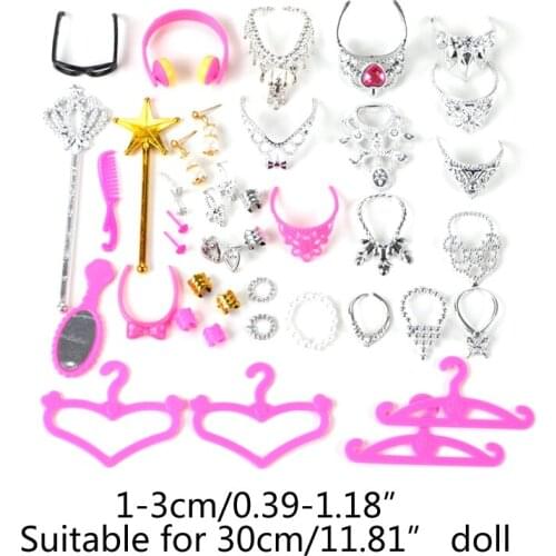 38pcs/Set Barbi Doll Accessories Simulation Jewelry Necklace Crown Earrings Pink P31B