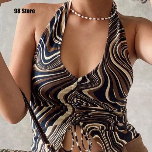 90s Wave Print Y2k Brown Halter Sexy Women V-neck Shirring Skinny Corset Tops Aesthetic Korean 2021 New Summer Harajuku Camisole