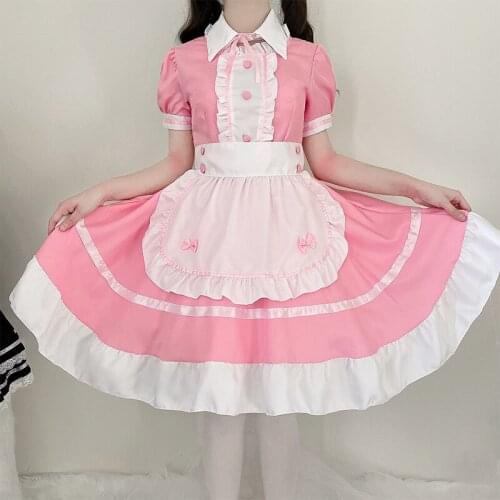 White pink maid anime cosplay lolita dress cute sweet restaurant bar costume Japanese style