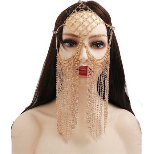 Crystal Beaded Mask Chain Face Jewelry For Women Dance Performance Accessories Gold Color Tassel Headband Chain Mask Jewellery