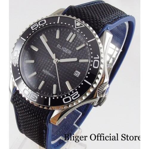 BLIGER Hot Mechanical Mens Watch Black Dial Ceramic Bezel insert Rubber Band MIYOTA Movement