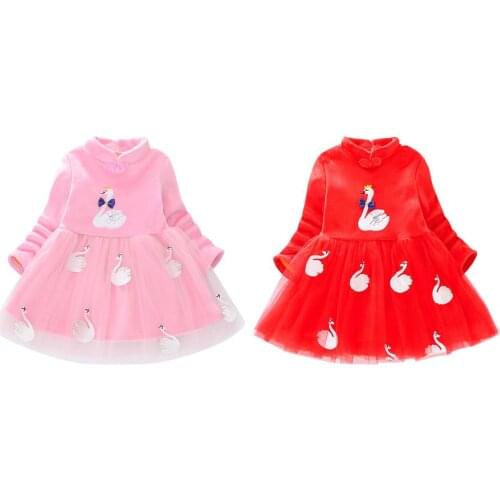 Chinese Style Kids Swan Embroidery Mandarin Collar Princess Dress Thickened Fleece Kids Girls Winter Long Sleeve Cotton Dresses