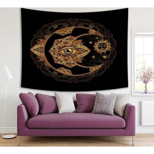 Tapestry Mandala Face Eye in Golden Crescent Moon and Sun Linear Spiritual Design Floral Artwork Black Yellow