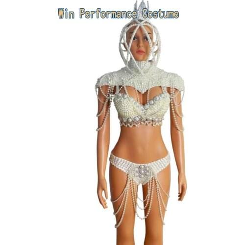 Rave Outfit Festival Clothing Costume Bikini Big rhinstone Pearls Chain HeadGear stage clothing accessories mask Singer