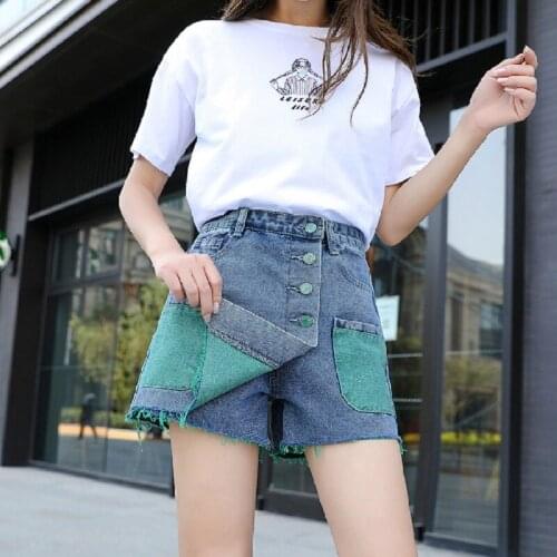 Hot 2021 Cotton high waist fashion hakama denim shorts women loose a-line wide-leg fake two-piece skirt teenagers pants women