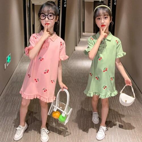 Fashion 5-12 Years Children Girls Dress Clothes Summer Straight Short Sleeve Girls Cherry Print Dress Kids Girls Pink Dress