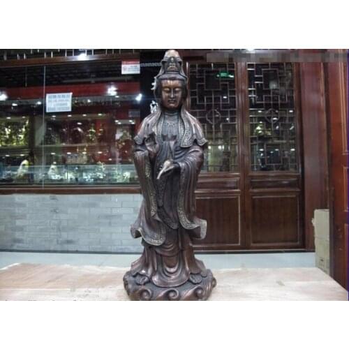 Song voge gem S0517 Red Copper Bronze South China Sea Bodhisattva Kwan Yin GuanYin Hold Vase Statue