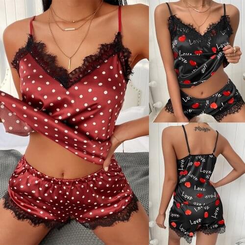 Sexy Lingerie Women Lace Pajamas Summer Silk Satin Dots Embroidery Pajamas Women Pijama mujer Ladies Sleepwear pyjama femme