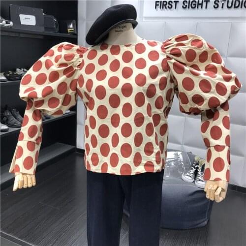 Spring Temperament Dot Shirt Women 2020 New Bubble Sleeve Shirts Lady Loose Color Wave Printing Round Neck Blusas Blouse Tops