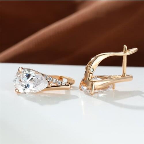 Cute Water Drop White Zircon Earrings Boho Rose Gold Color Hoop Earrings Charm Crystal Pear Cut Stone Earrings For Women Jewelry