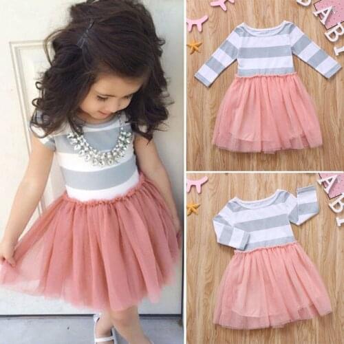 2021 Little Girls Spring TuTu Dress Long Sleeve Striped Waist Ruffle Round Neck Dress Loose Mesh Multi-Layer Princess Dress