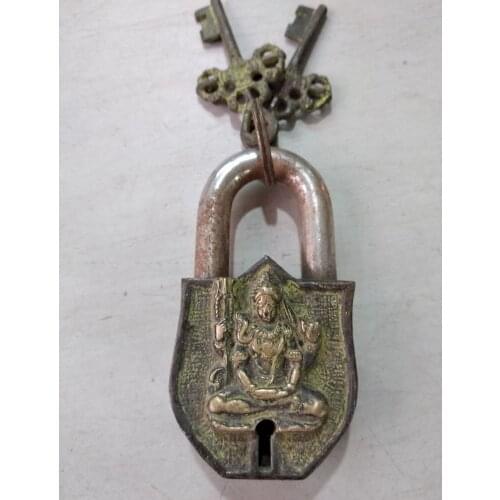 Vintage CN. Lock Vishnu Indian Baddha shape of the padlock With 2 Keys Lucky Bless guard Pure Copper