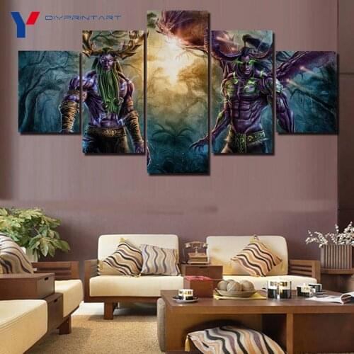 Wow Brothers Demon Illidan Druid Malfurion 5 Panels Wall Art Canvas Prints Game Poster Pictures for Living Room Home Decor