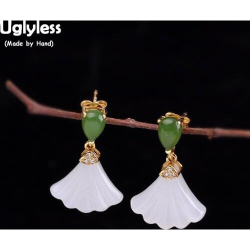 Uglyless Handmade Natural Jasper Jade Shell Fan Earrings for Women Real 925 Silver Dress Earrings Gemstones Fine Jewelry E1556