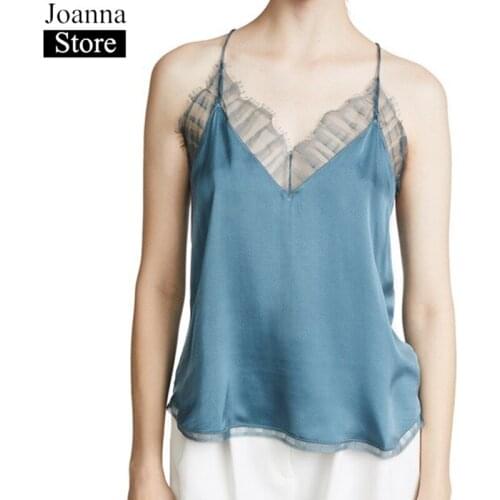 Spring Summer New Short 100%Silk Sling Vests Women V-Neck Lace Splice Sexy Off Shoulder Satin Tops Sleeveless Plus Size Clothes