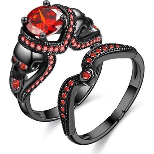 Skull Red Crystal Zircon Ring Women Black Punk Set For Women Wedding Jewelry
