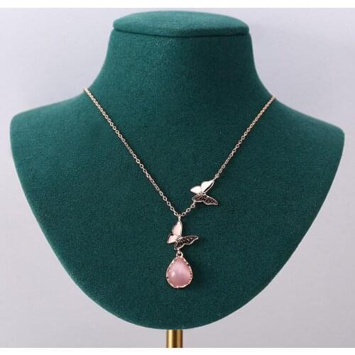 BONLAVIE S925 Sterling Silver Water Drop Butterfly Necklace Female Pink Crystal Chain