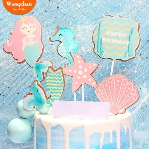 1 Set Beautiful Happy Birthday Mermaid Theme Cake Topper Girls Fairy Party Pops Supplies Shell Sea Star Cake Decoration
