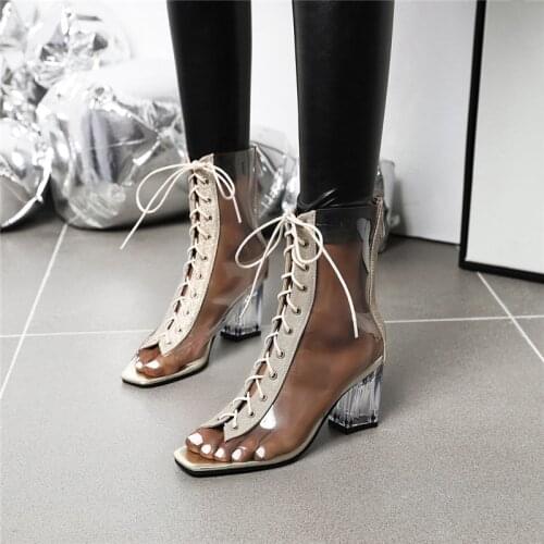 YQBTDL Spring High Heels Transparent Ankle Boots Gold Peep Toe Cross Tied Gladiator Sandals Women Clear Block Heel Shoes Summer