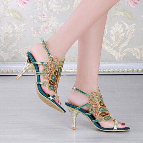 Ladies 8cm Heel Blue Rhinestone Sandals Wedding Shoes Stiletto Heel Party Dress Shoes Sheepskin Summer Sandals Plus size 34-44