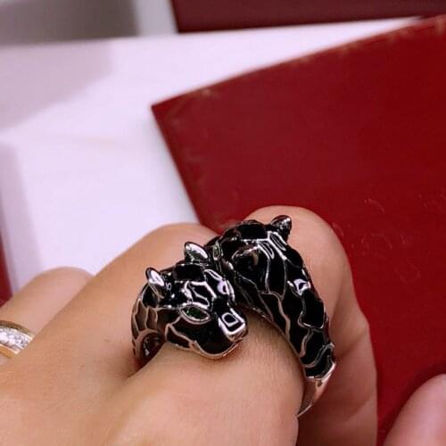 Enamal Black Leopard Head Rings 3A Zircon Stone Animal Panther Finger Ring Adjustable for Men or Women copper Party jewelry