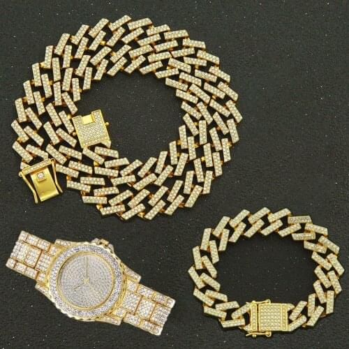 3pcs Kit Hip Hop Iced Out Crystal Cuban 15MM Prong Chain Rhinestone Zircon Mens Necklace+Watch+Bracelet For Men Women Jewelry