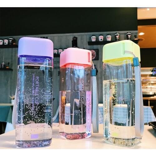 Square Plastic Water Bottle Portable Transparent Bottle Fruit Juice Leak-proof Outdoor Sport Travel Camping Bottle School Cup