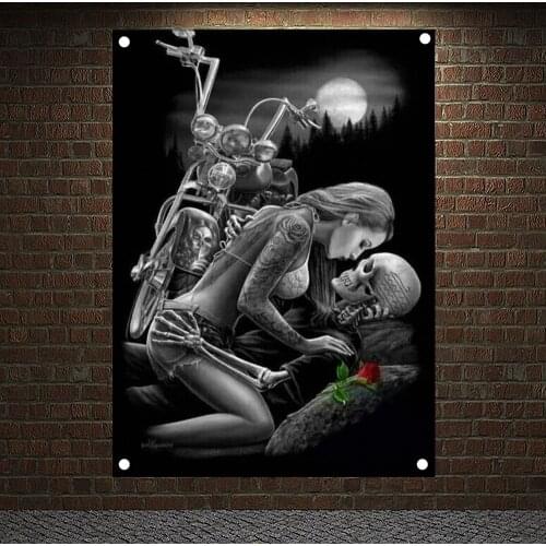 Motorcycle Riders or Die Skull Banners Flags Tapestry Wall Art Electrombile Poster For Garage Club Store Home Decor Wall Hanging