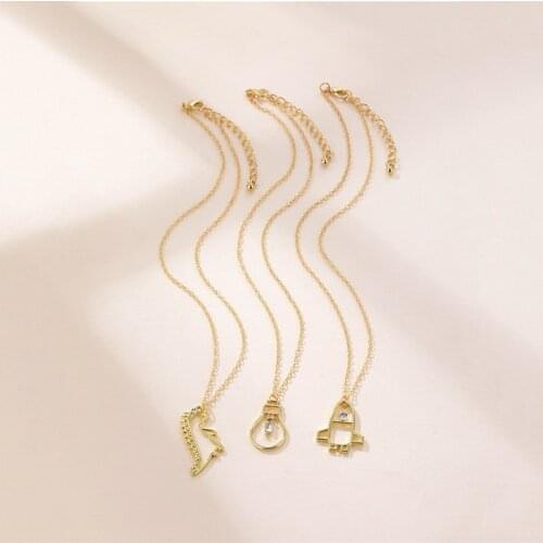 New 3 PCS Cute Gold Geometric Necklaces Gold Charm Chokers Dinosaur Rocket Bulb Pendant Best Friend Jewelry Set for Women Girls