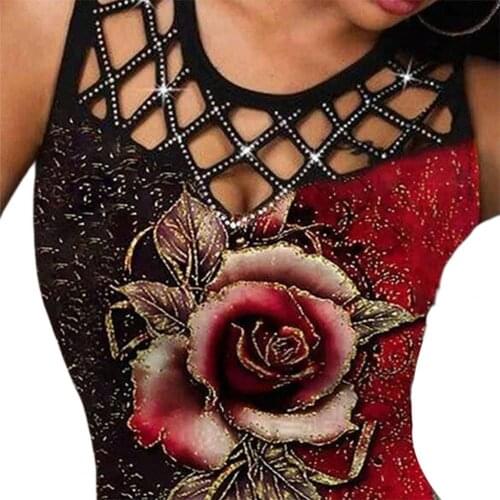 New Stylish Women Vest Tops Grid Hollow Slim Female Women Floral Printing Round Neck Sleeveless Blouse for Shopping Tops