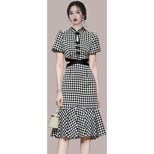 New Women One Piece Sheath Office Fashion Sexy Patchwork Dress Korean Summer Small Fragrance Slim Plaid Fake Two Piece Dresses