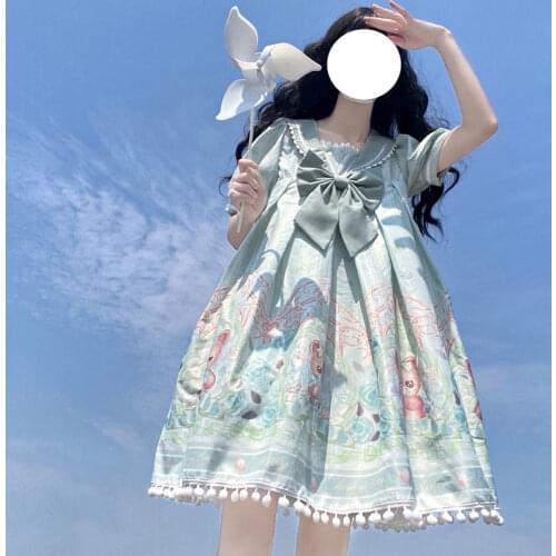 New Design Lolita Dress Sweet Bear Canned Printing Kawaii Cute Cool Summer Navy Collar Short Sleeve Tea Party Dress