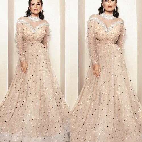 SuperKimJo Vestido De Festa Champagne Prom Dresses Long Sleeve High Neck Beaded Arabic Elegant Prom Gown Robe De Soiree longue