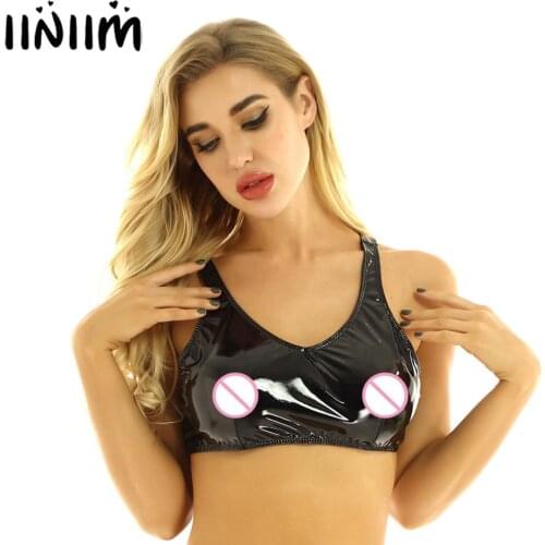 Sexy Womens Wetlook Leather Lingerie Shiny Latex Open Bra Crop Top Nightclub Sexy Open Nipples Hole Zipper Back Sissy Tops Vest
