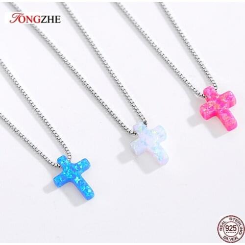 TONGZHE Opal Necklace Silver 925 Sterling Necklace Woman Blue Cross Chains Jesus Charm Opal Necklace Pendants Women&30